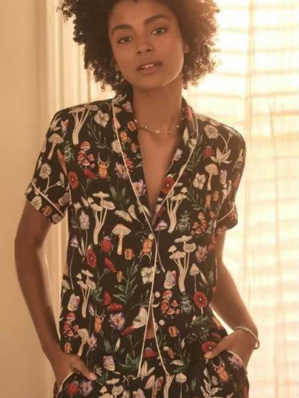 Floral & Mushroom Print satin pajama set